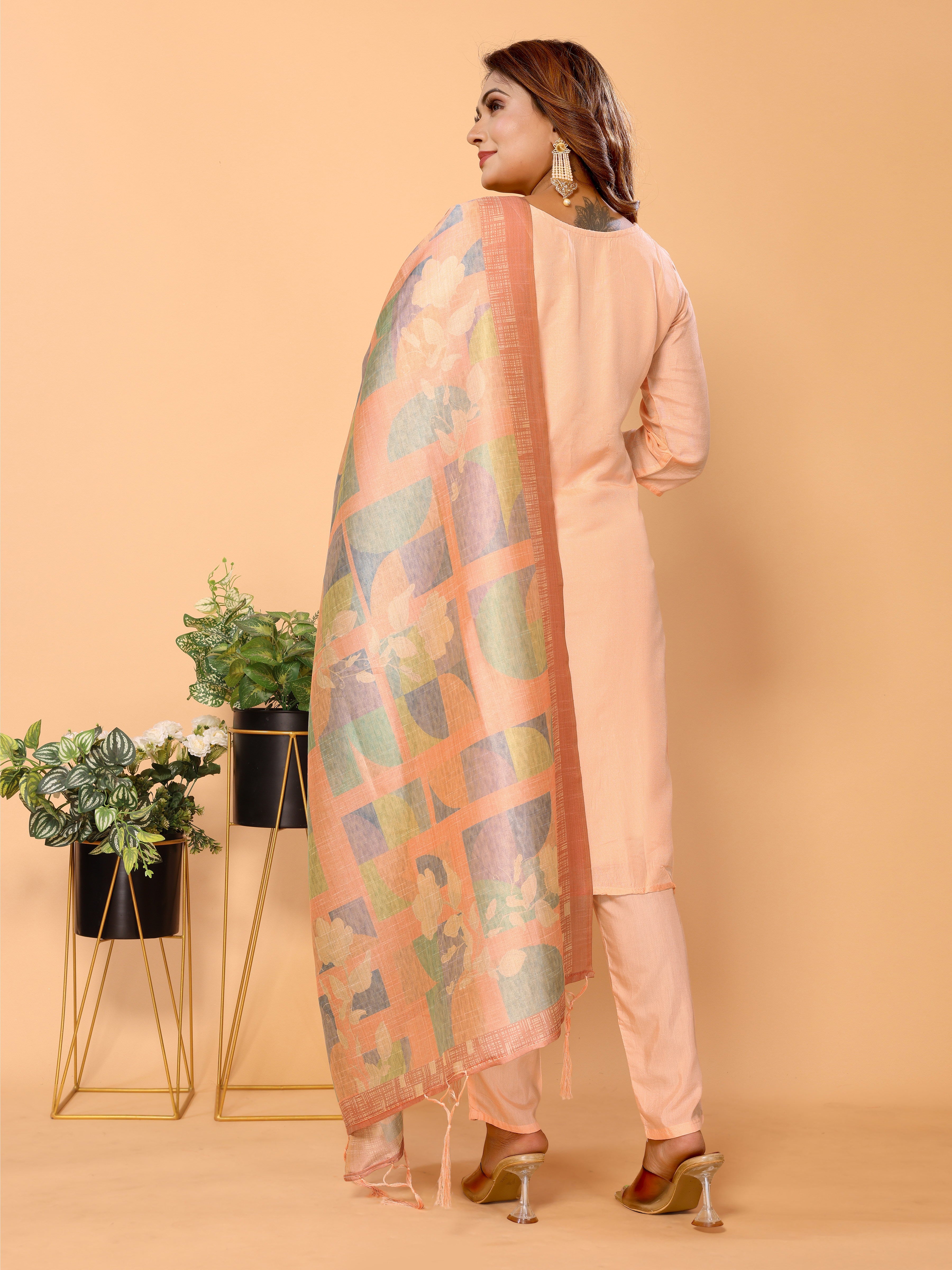 Peach Ethnic Motifs Woven Design Viscose Kurta set with Dupatta