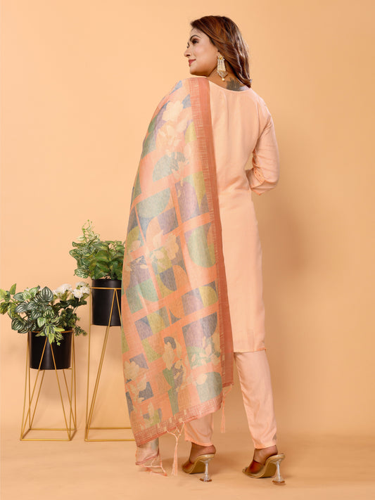 Peach Ethnic Motifs Woven Design Viscose Kurta set with Dupatta