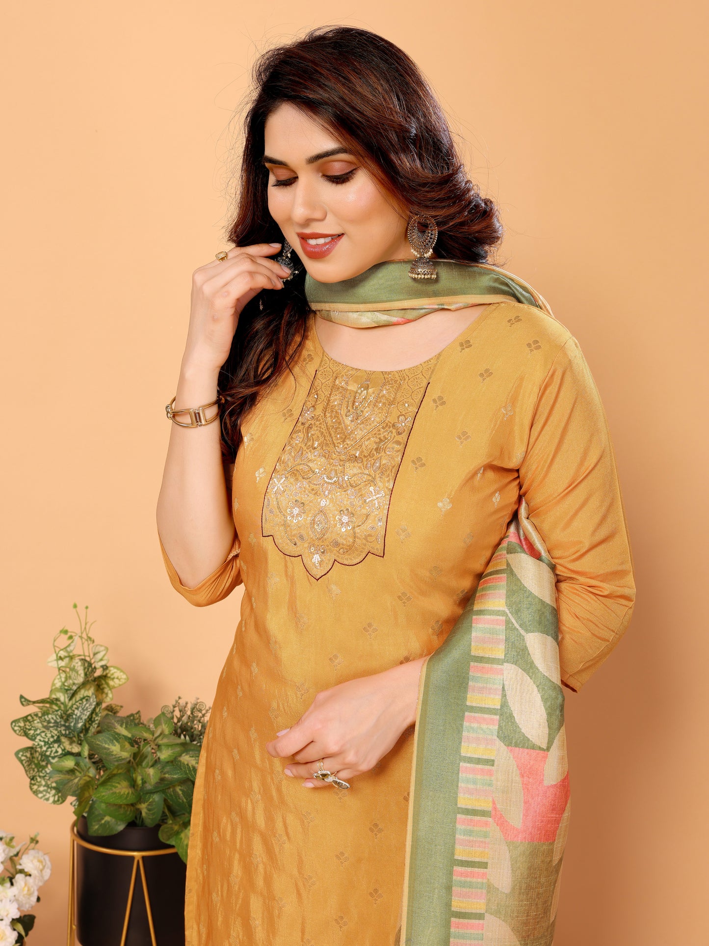 Mustard Ethnic Motifs Viscose Kurta set with Dupatta