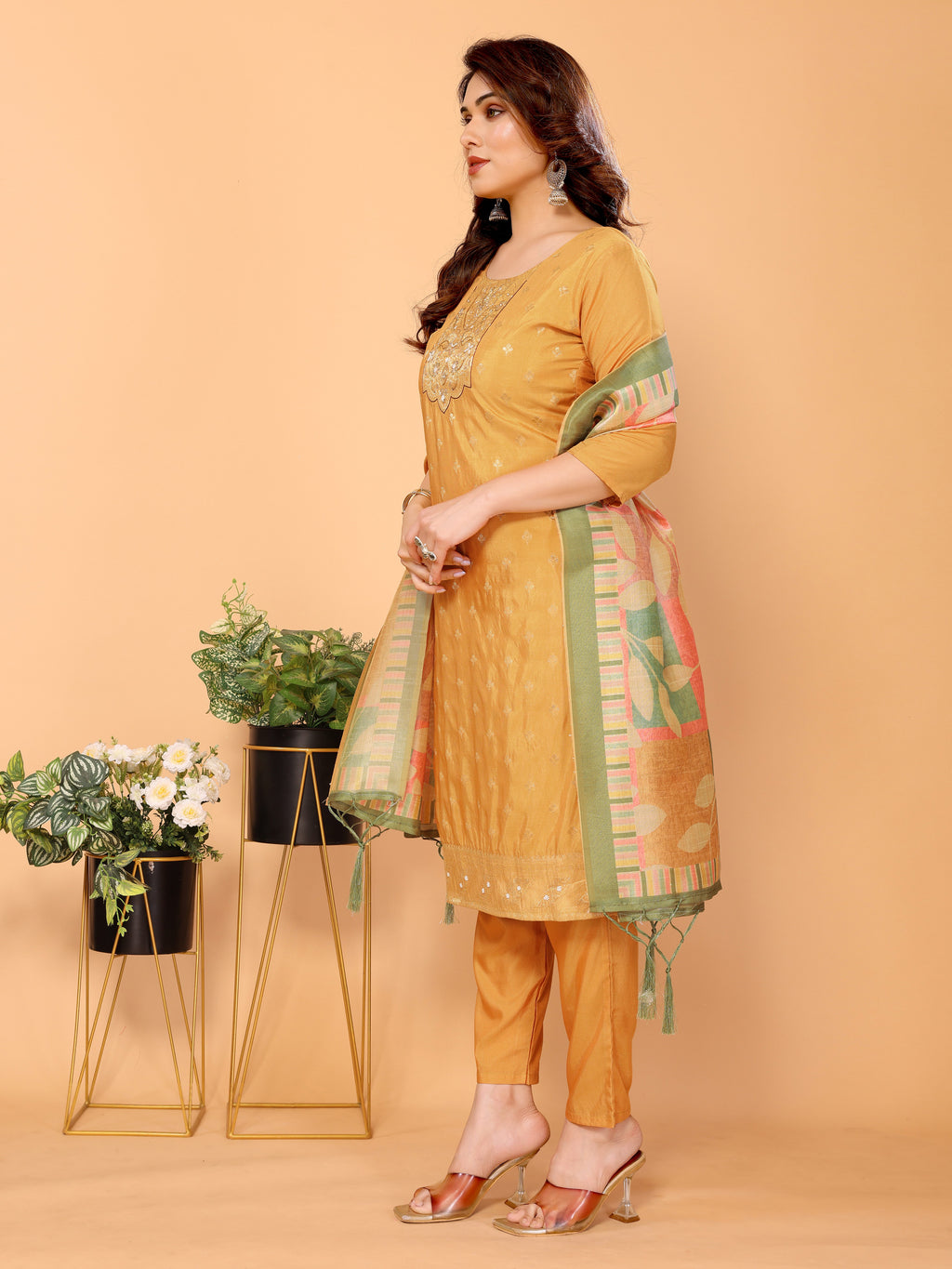 Mustard Ethnic Motifs Viscose Kurta set with Dupatta