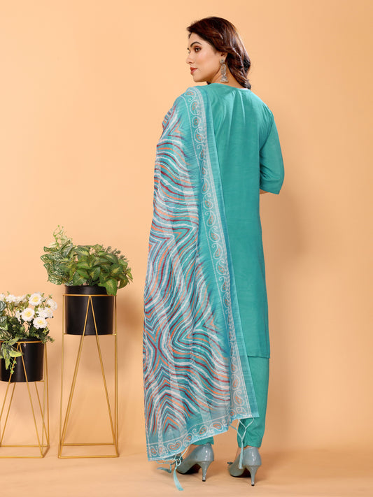 Blue Floral Woven Design Viscose Kurta set with Dupatta
