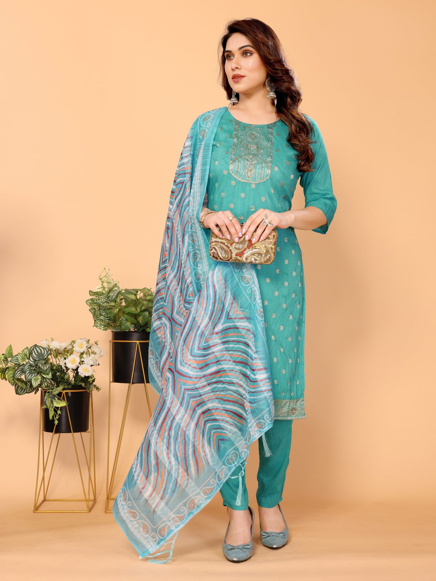 Blue Floral Woven Design Viscose Kurta set with Dupatta