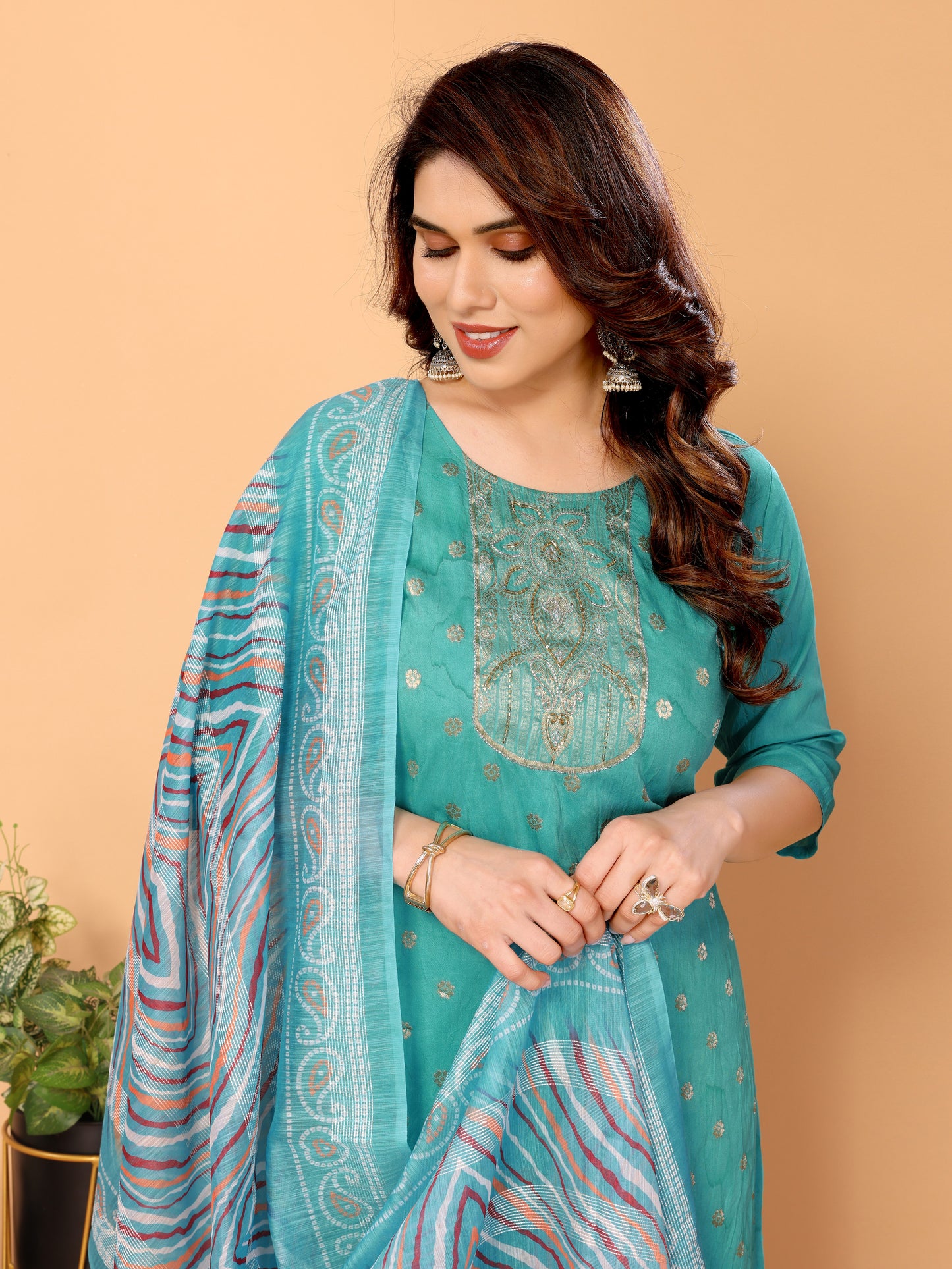 Blue Floral Woven Design Viscose Kurta set with Dupatta