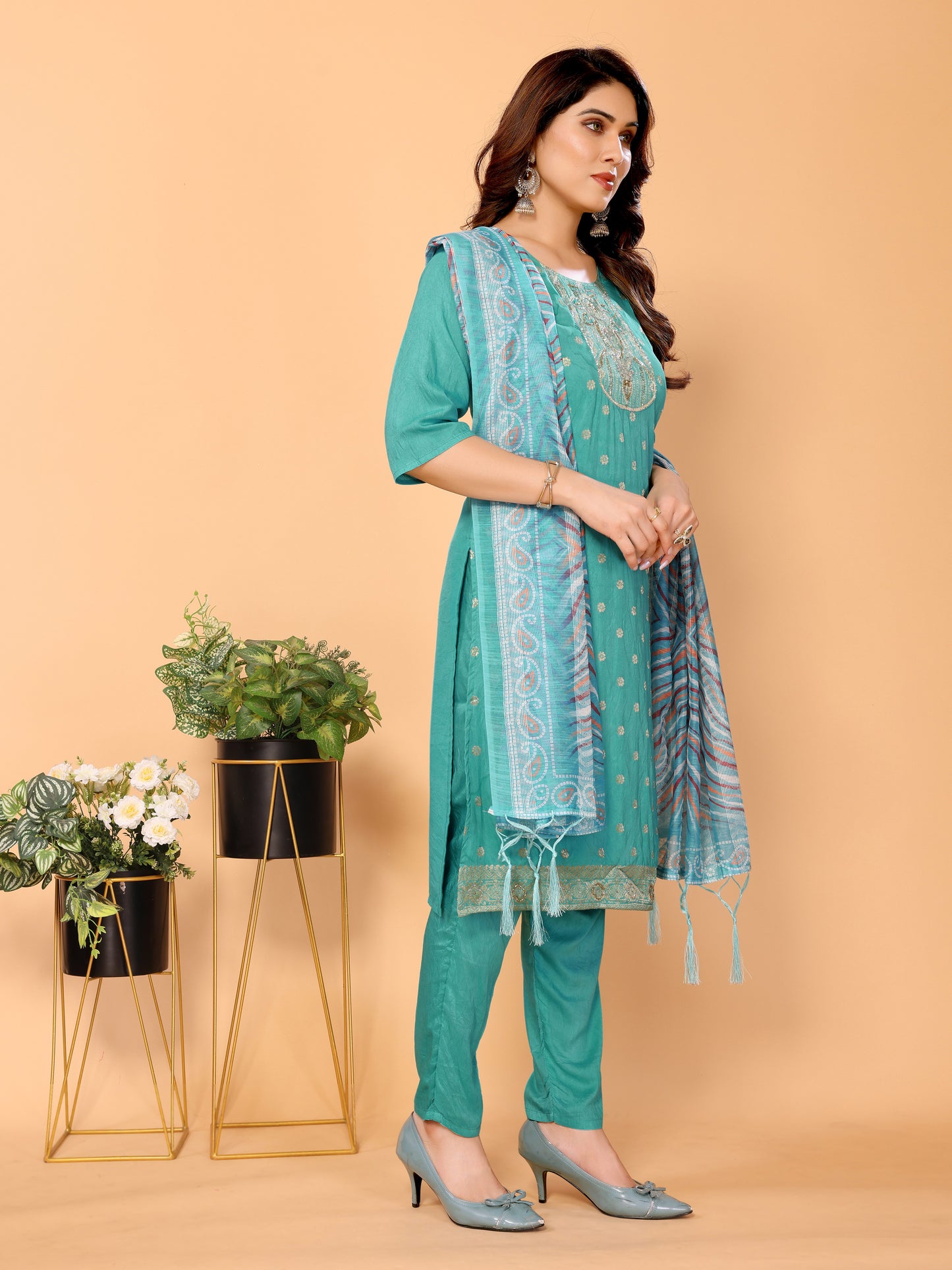Blue Floral Woven Design Viscose Kurta set with Dupatta