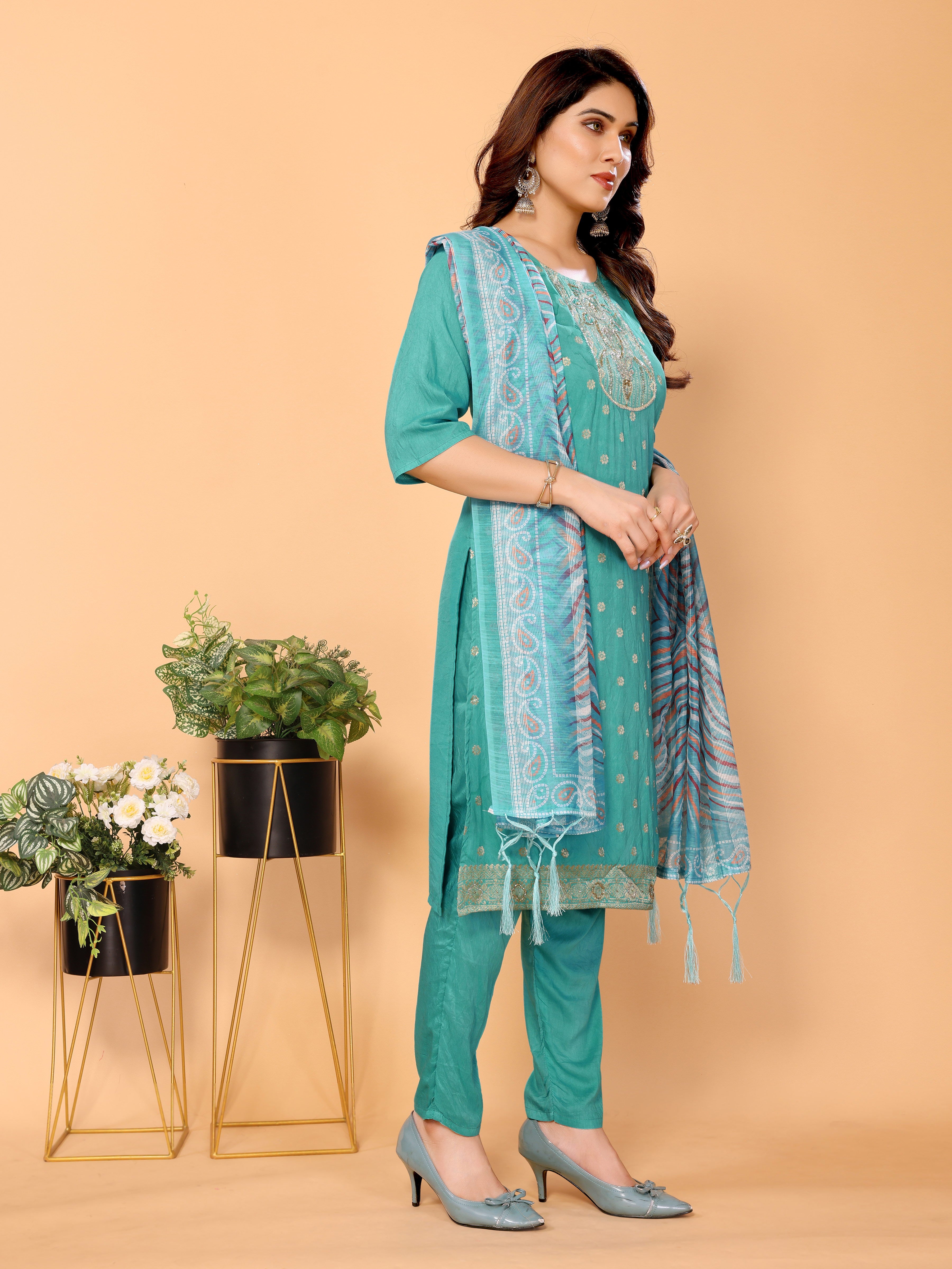 Blue Floral Woven Design Viscose Kurta set with Dupatta