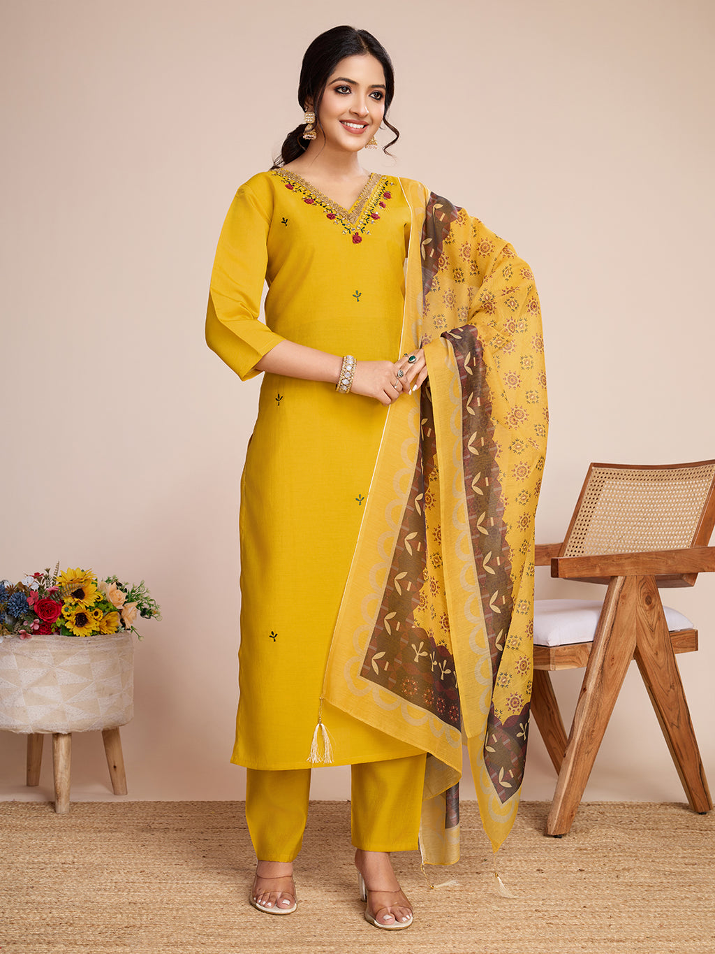 Yellow Roman Silk Suit Set with Chanderi Dupatta