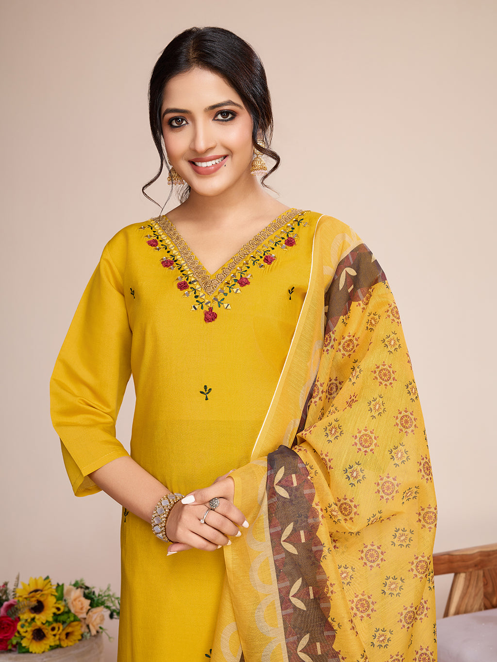 Yellow Roman Silk Suit Set with Chanderi Dupatta
