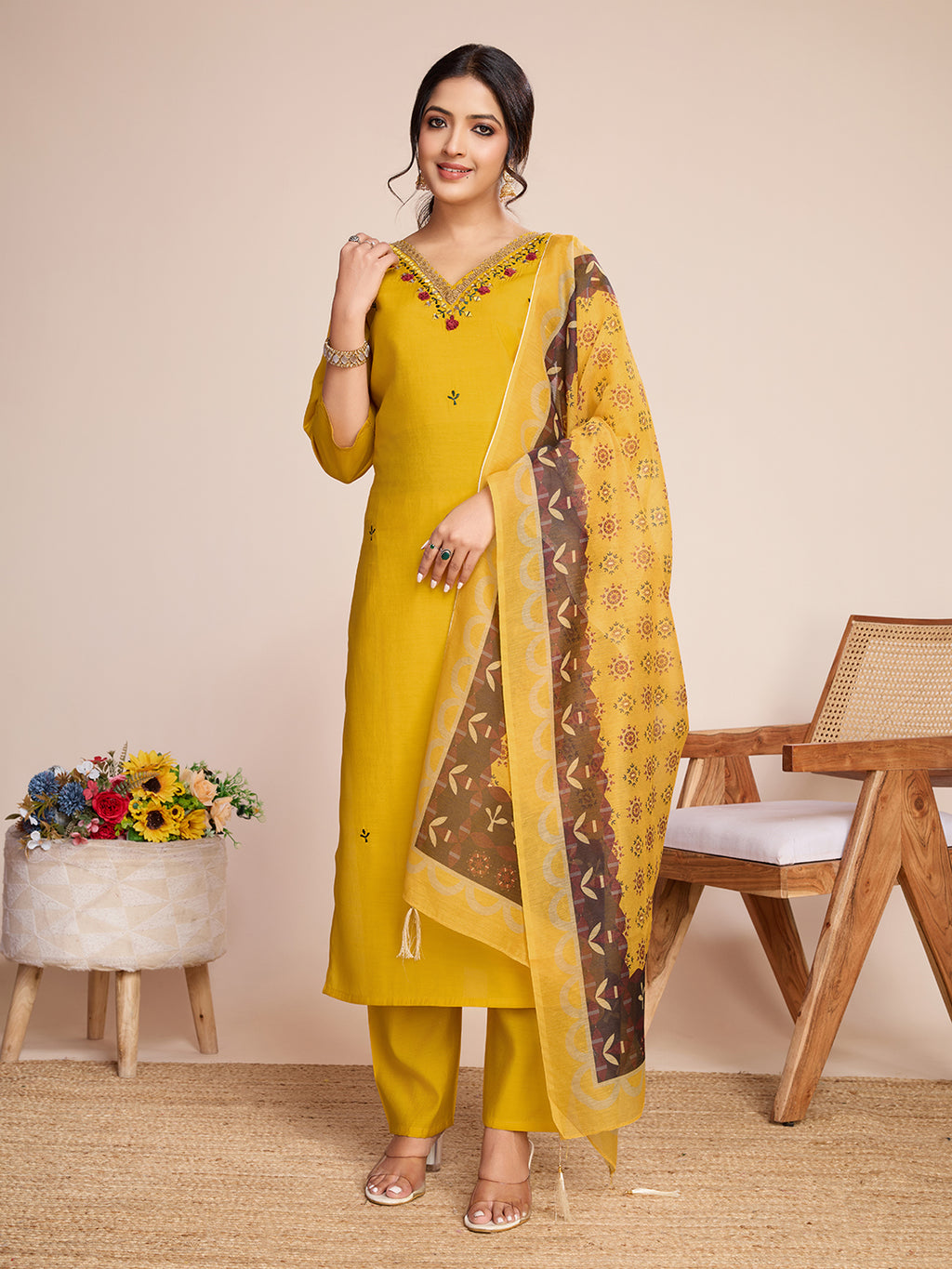 Yellow Roman Silk Suit Set with Chanderi Dupatta