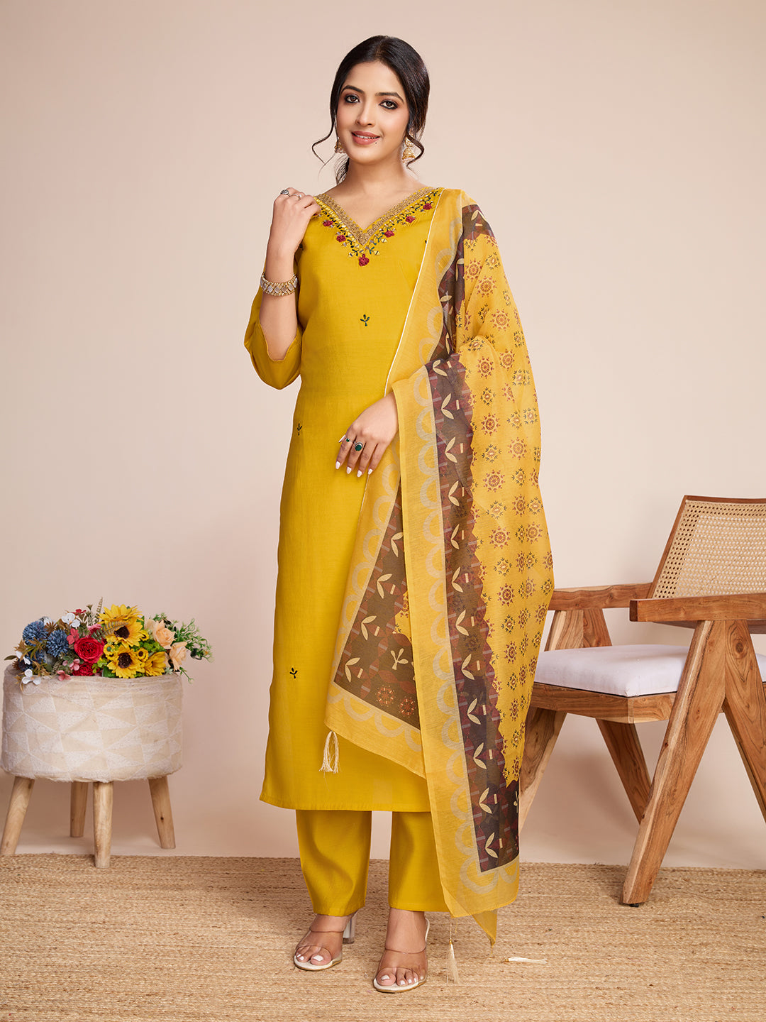 Yellow Roman Silk Suit Set with Chanderi Dupatta