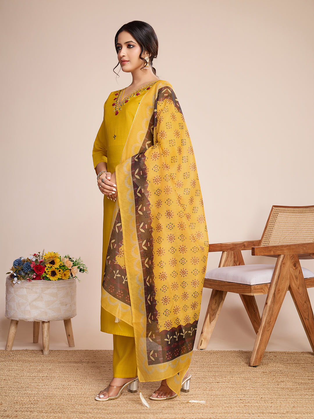 Yellow Roman Silk Suit Set with Chanderi Dupatta