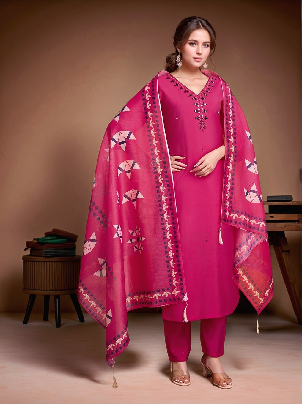Magenta Mirror Work Kurta Set with Dupatta – Embroidered Indian Ethnic Wear