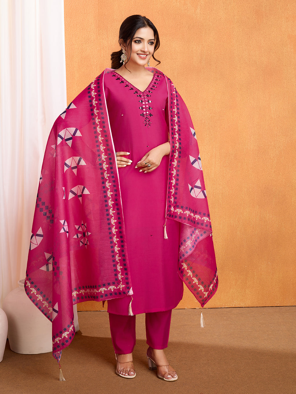 Pink Roman Silk Suit Set with Chanderi Dupatta