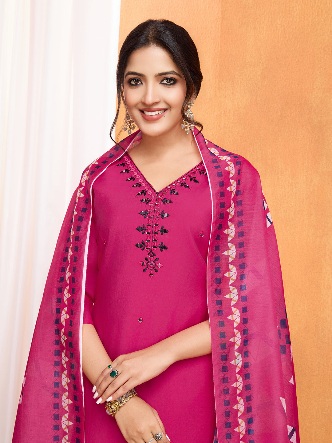 Pink Roman Silk Suit Set with Chanderi Dupatta
