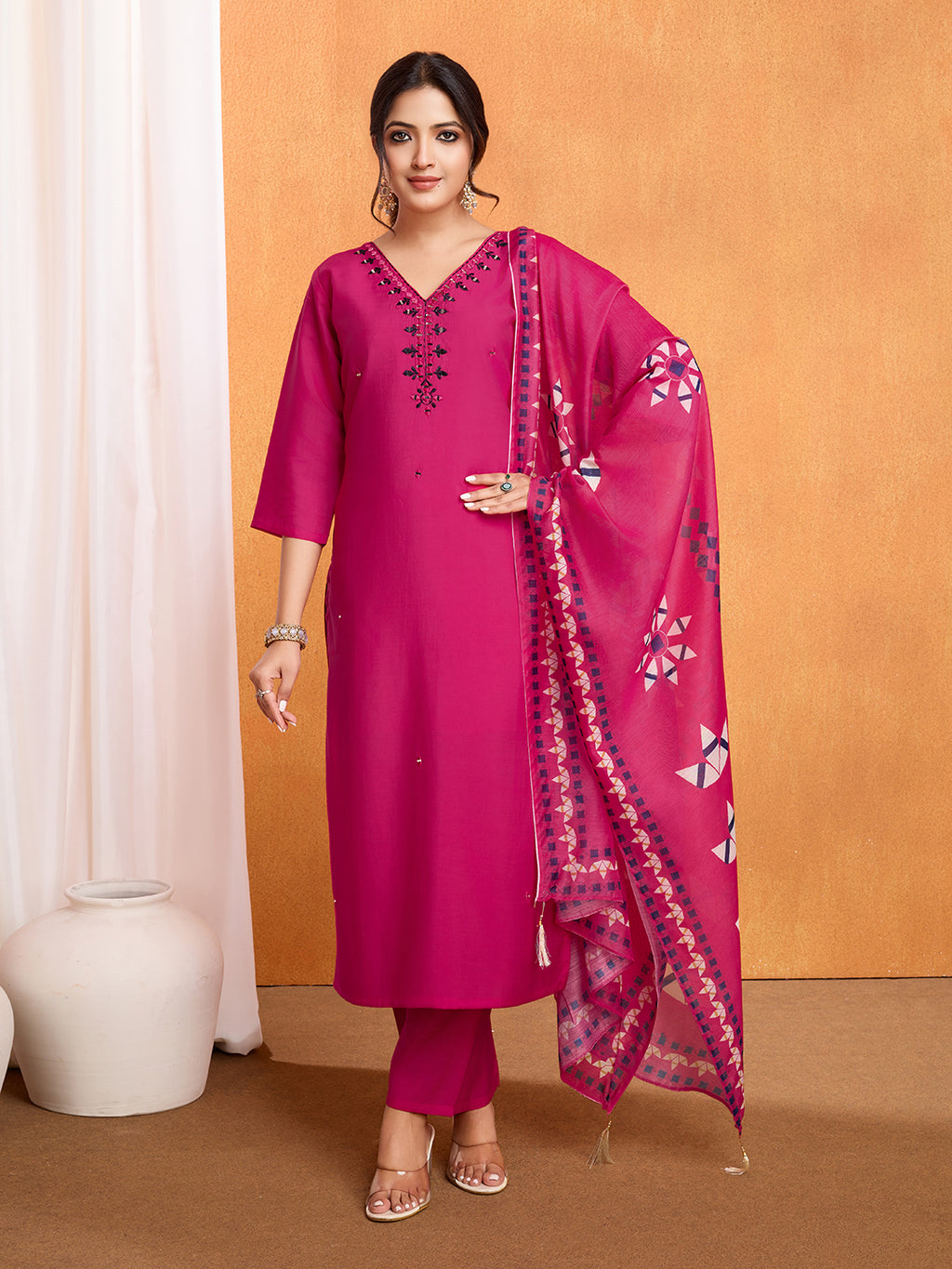 Pink Roman Silk Suit Set with Chanderi Dupatta