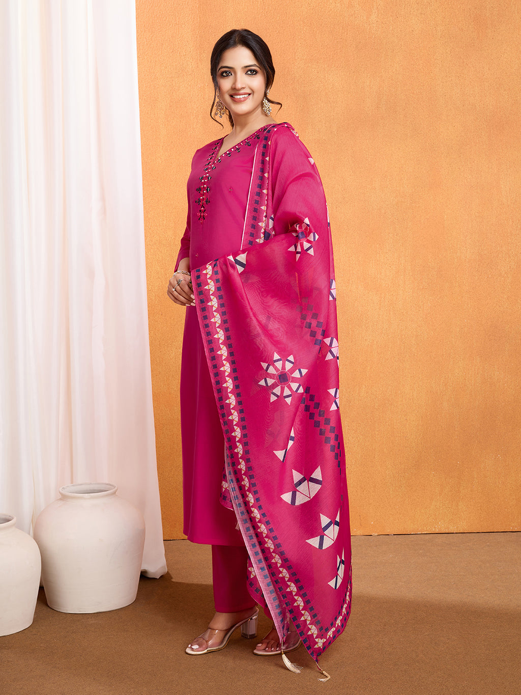 Pink Roman Silk Suit Set with Chanderi Dupatta