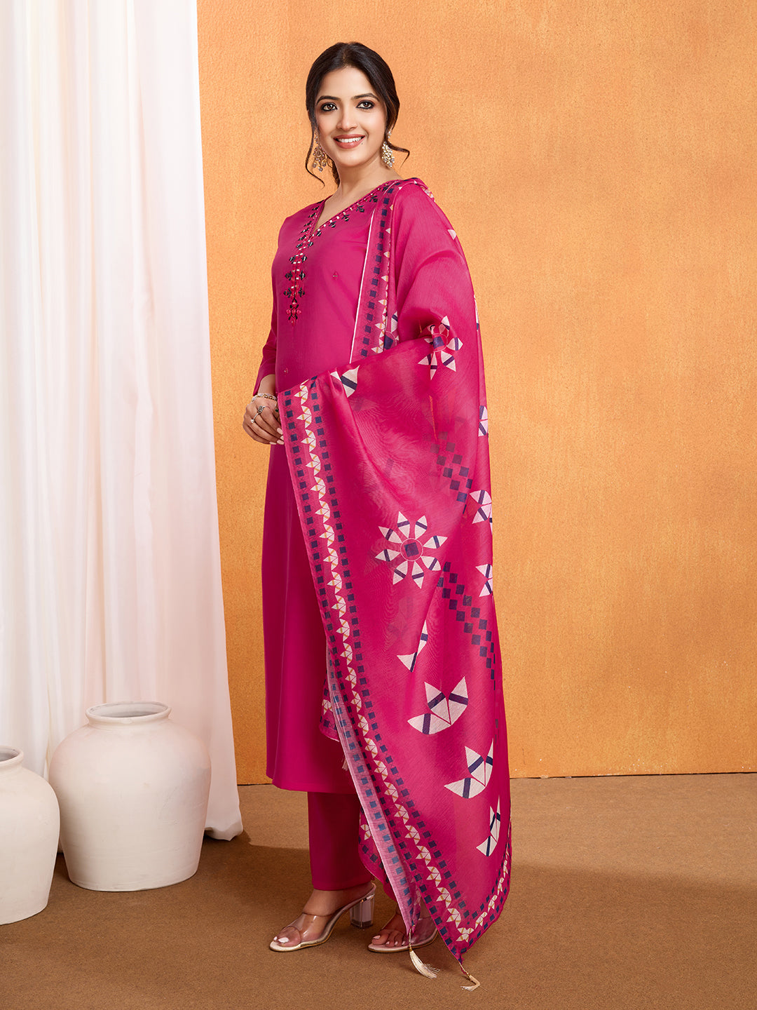 Pink Roman Silk Suit Set with Chanderi Dupatta