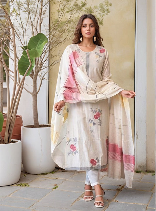 Off-White Jacquard Work Kurta Set with Dupatta – Stylish Ethnic Ensemble