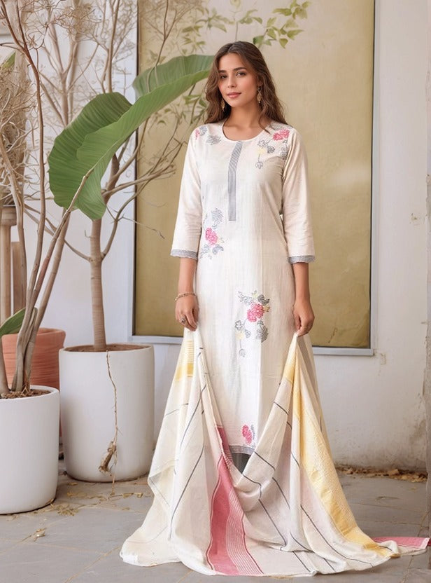 Off-White Jacquard Work Kurta Set with Dupatta – Stylish Ethnic Ensemble
