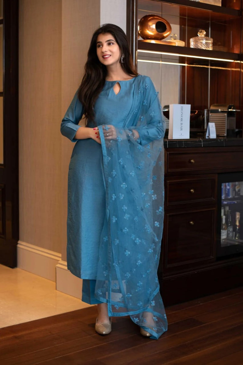 Chinon Kurta Set with Embroidered Organza Dupatta