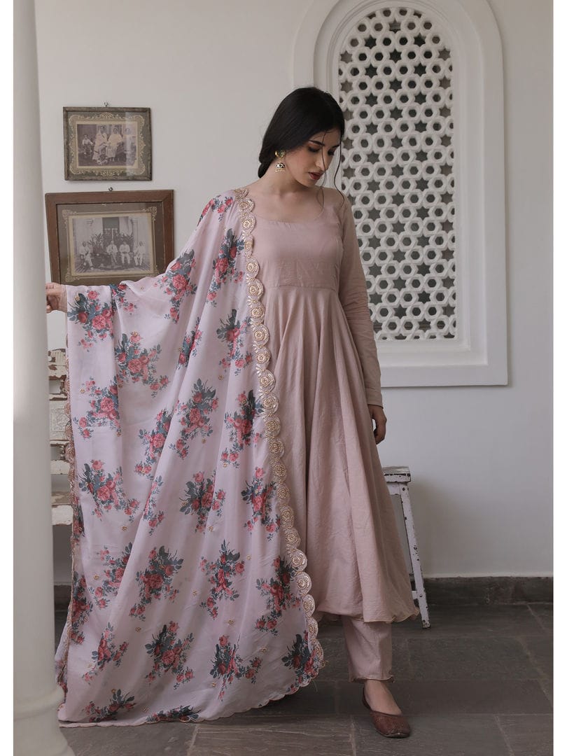 Floral Organza Dupatta Chinon Suit Set