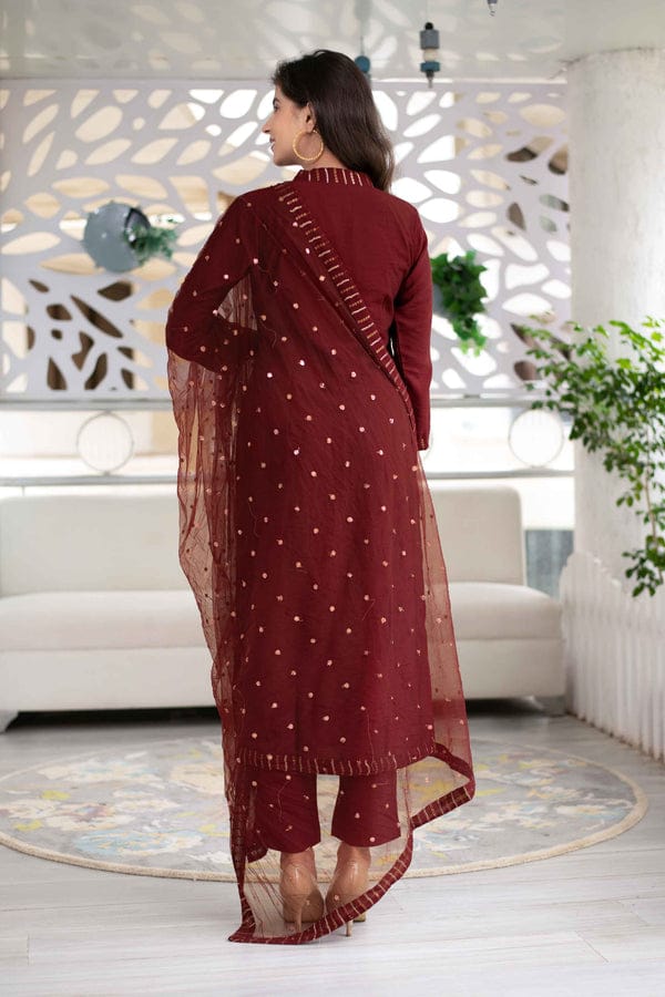 Maroon Embroidered Suit Set with Organza Dupatta