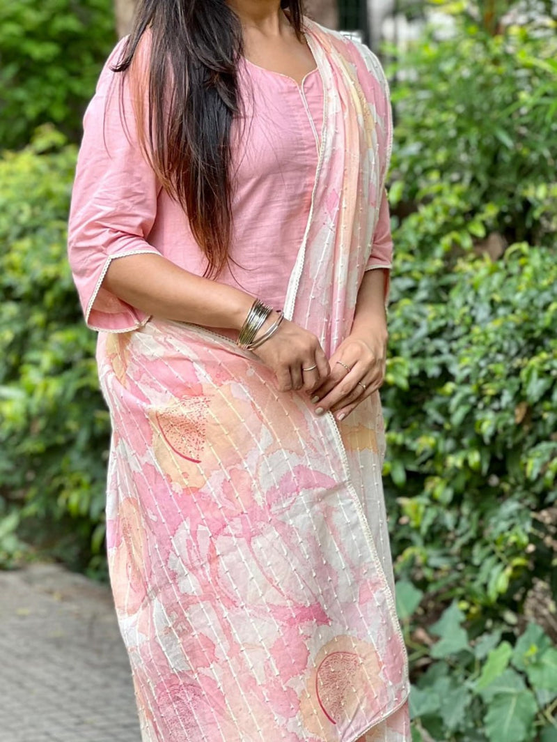 Pink Viscose Suit Set with Chanderi Dupatta