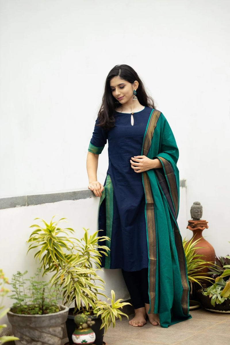 Royal Navy Blue Viscose Suit Set with Banarasi Chanderi Dupatta