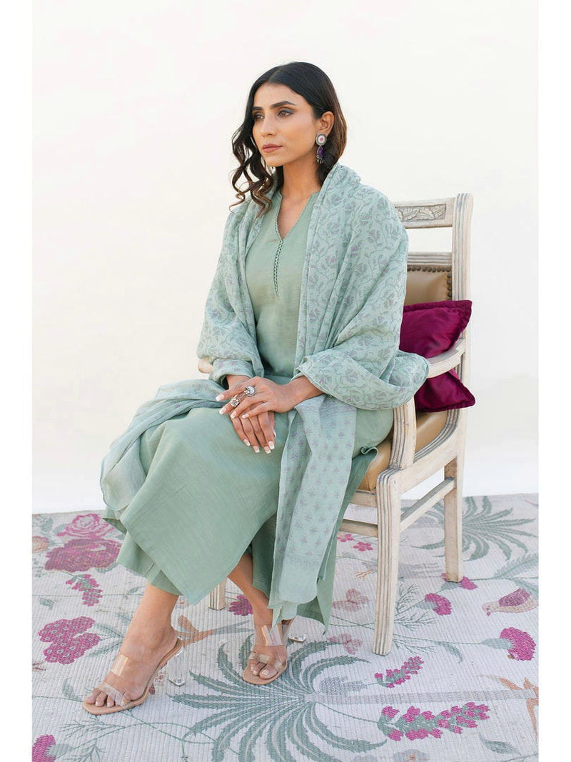 Pista Muslin Suit Set with Chanderi Dupatta