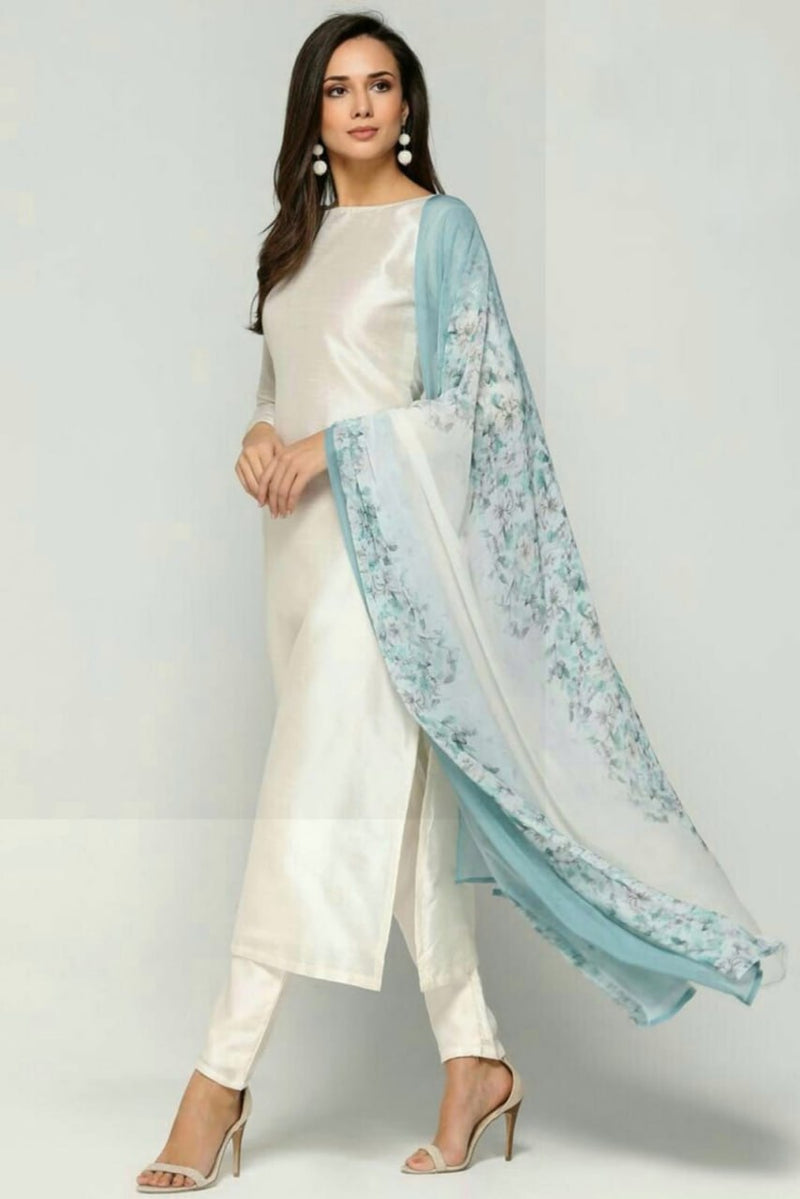 Cream Monsoon Suit Set with Floral Chanderi Dupatta