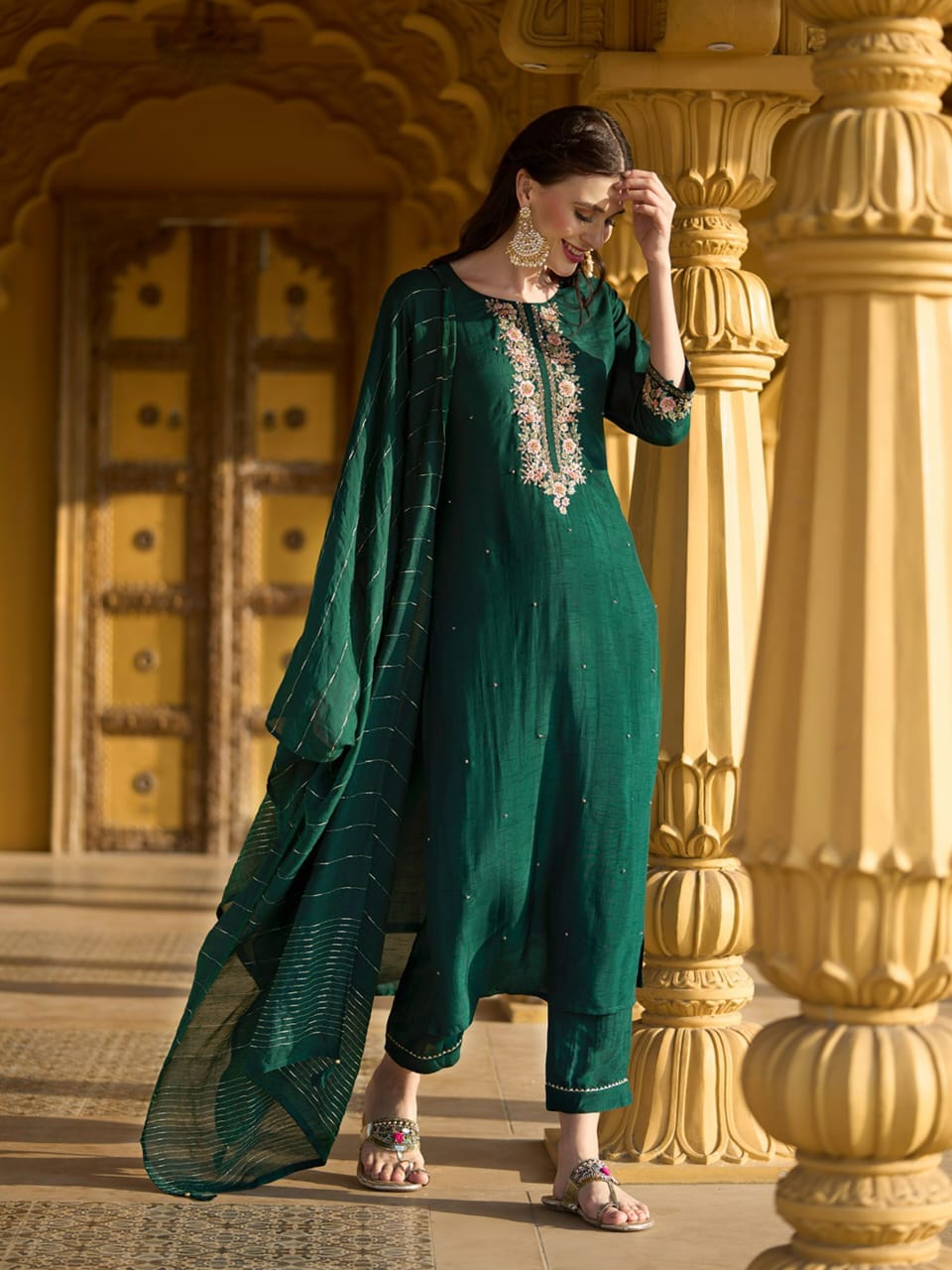 oyal Emerald Embroidered Roman Suit Set with Chanderi Dupatta