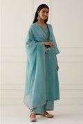 Pastel Aqua Roman Suit Set with Golden Zari Organza Dupatta