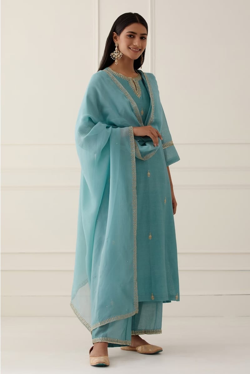 Pastel Aqua Roman Suit Set with Golden Zari Organza Dupatta