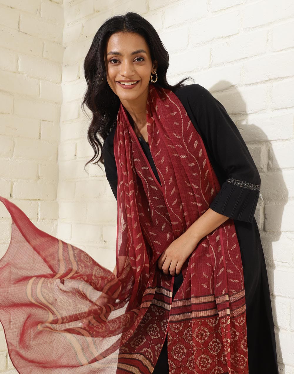 Classic Black Viscose Suit Set with Red Printed Dupatta