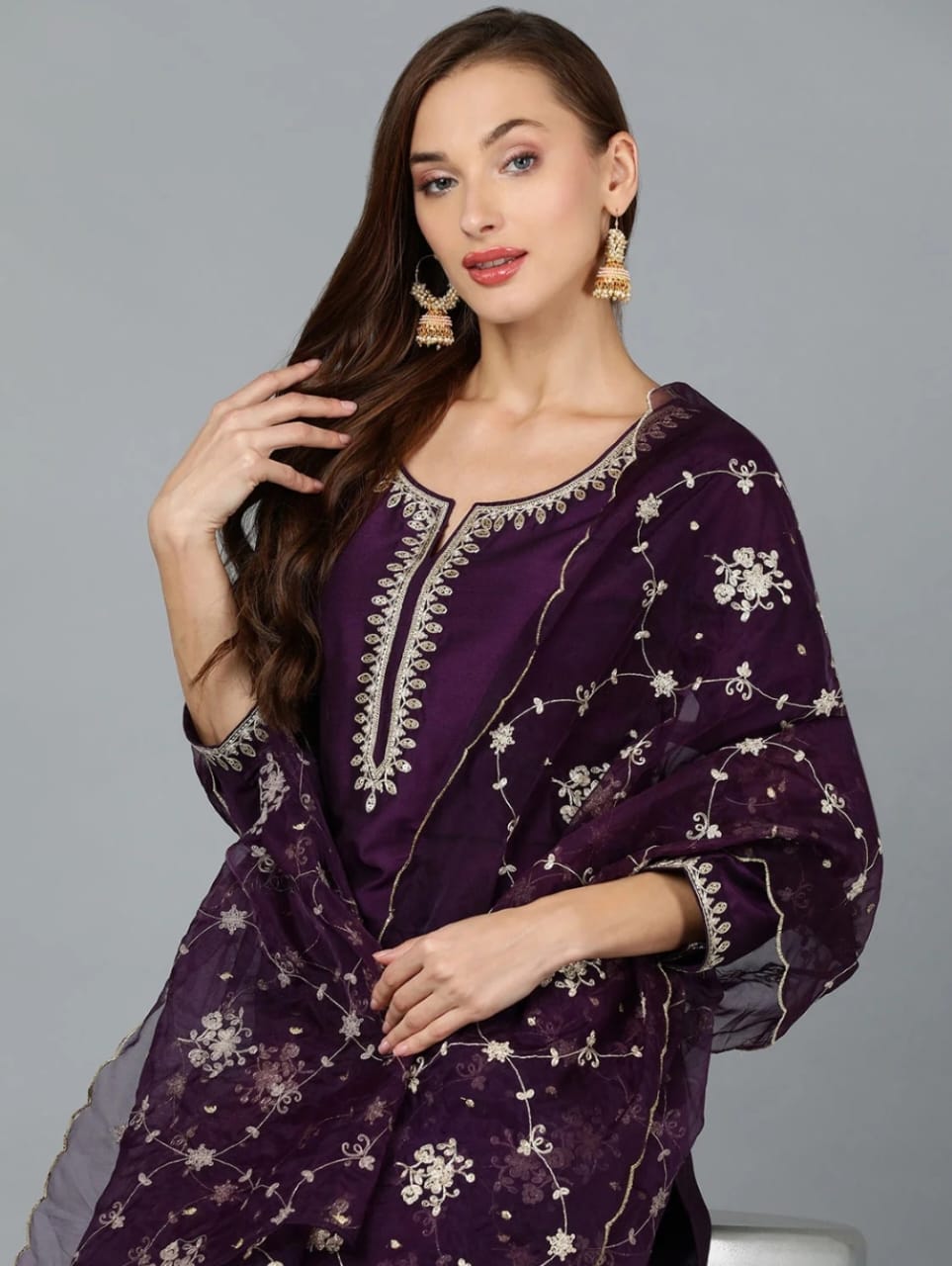 Royal Wine Embroidered Roman Suit Set with Organza Dupatta