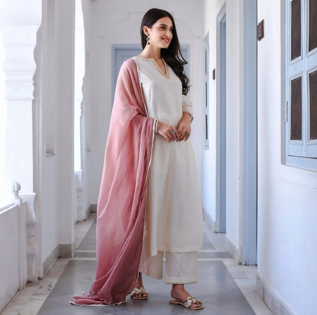 Cream White Embroidered Suit Set with Blush Pink Dupatta