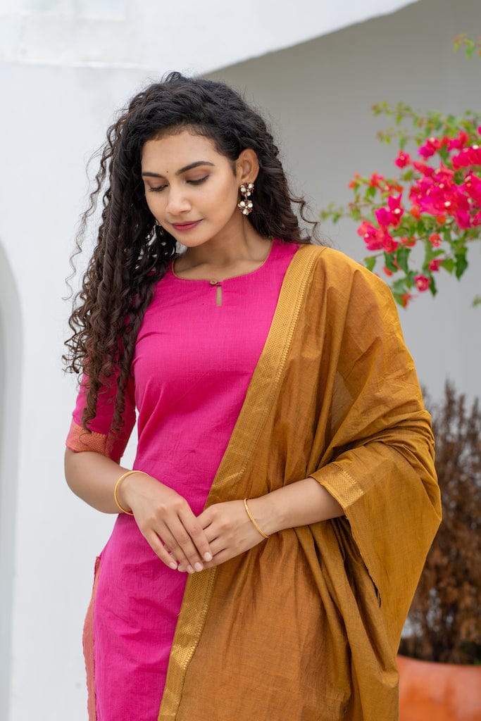 Rani Pink Roman Suit Set with Banarasi Lace Chanderi Dupatta