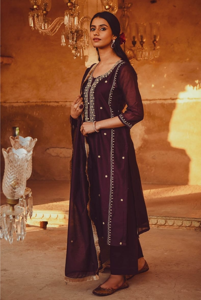 Royal Maroon Embroidered Chanderi Suit Set with Elegant Dupatta