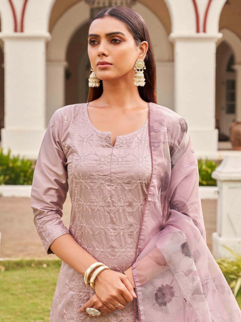 Light Pink Embroidered Roman Suit Set with Printed Organza Dupatta
