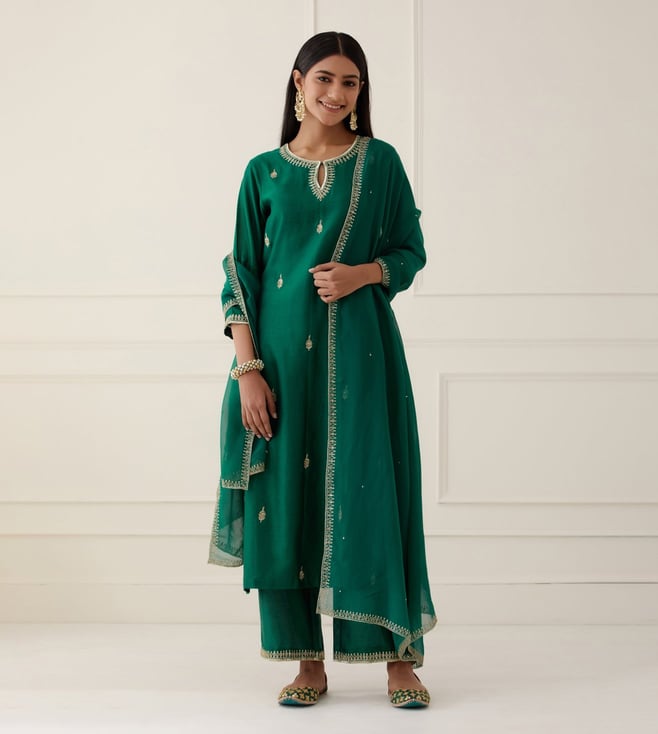 Royal Green Zari Embroidered Roman Suit Set with Organza Dupatta