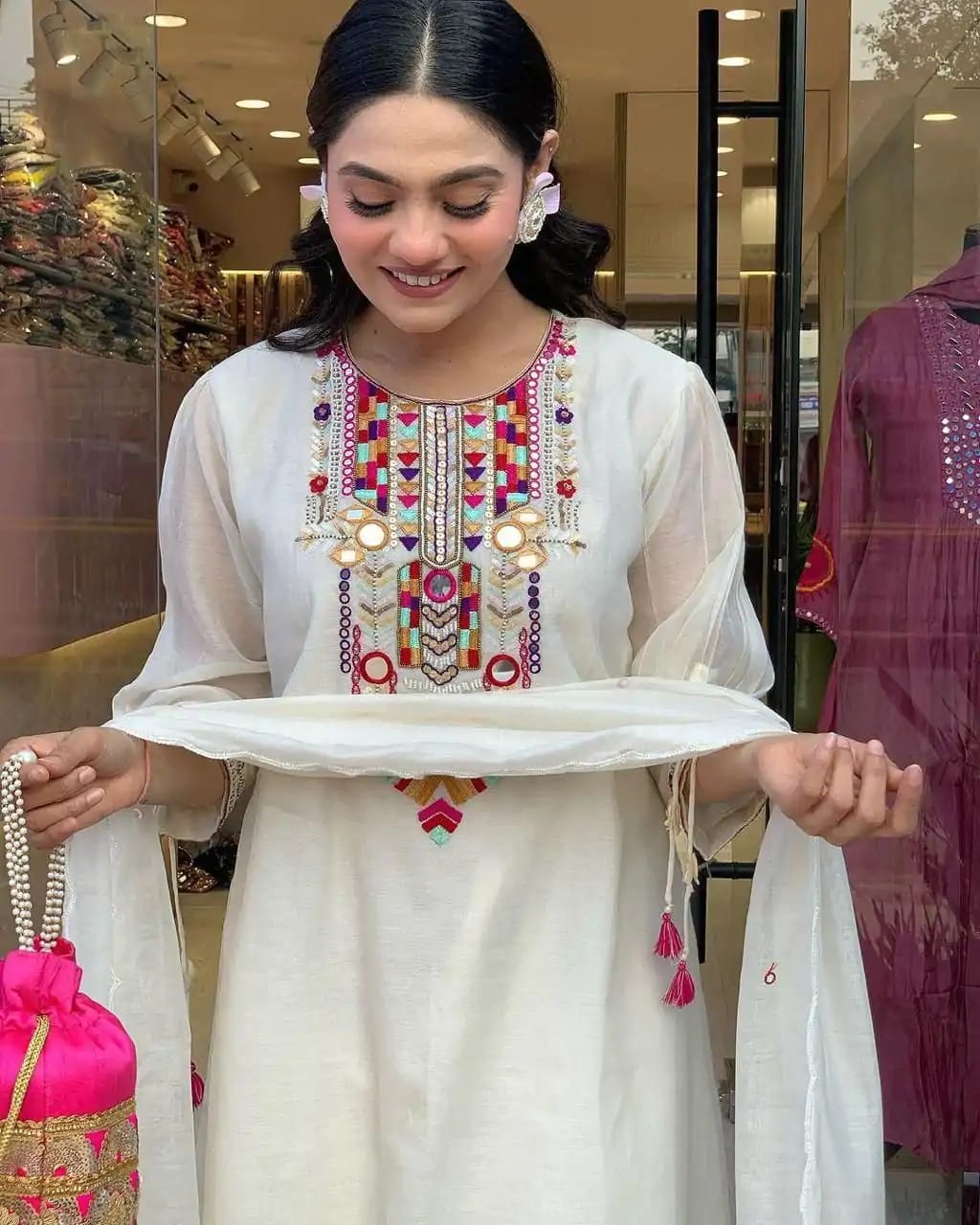 White Mirror Embroidered Chanderi Suit Set with Organza Dupatta