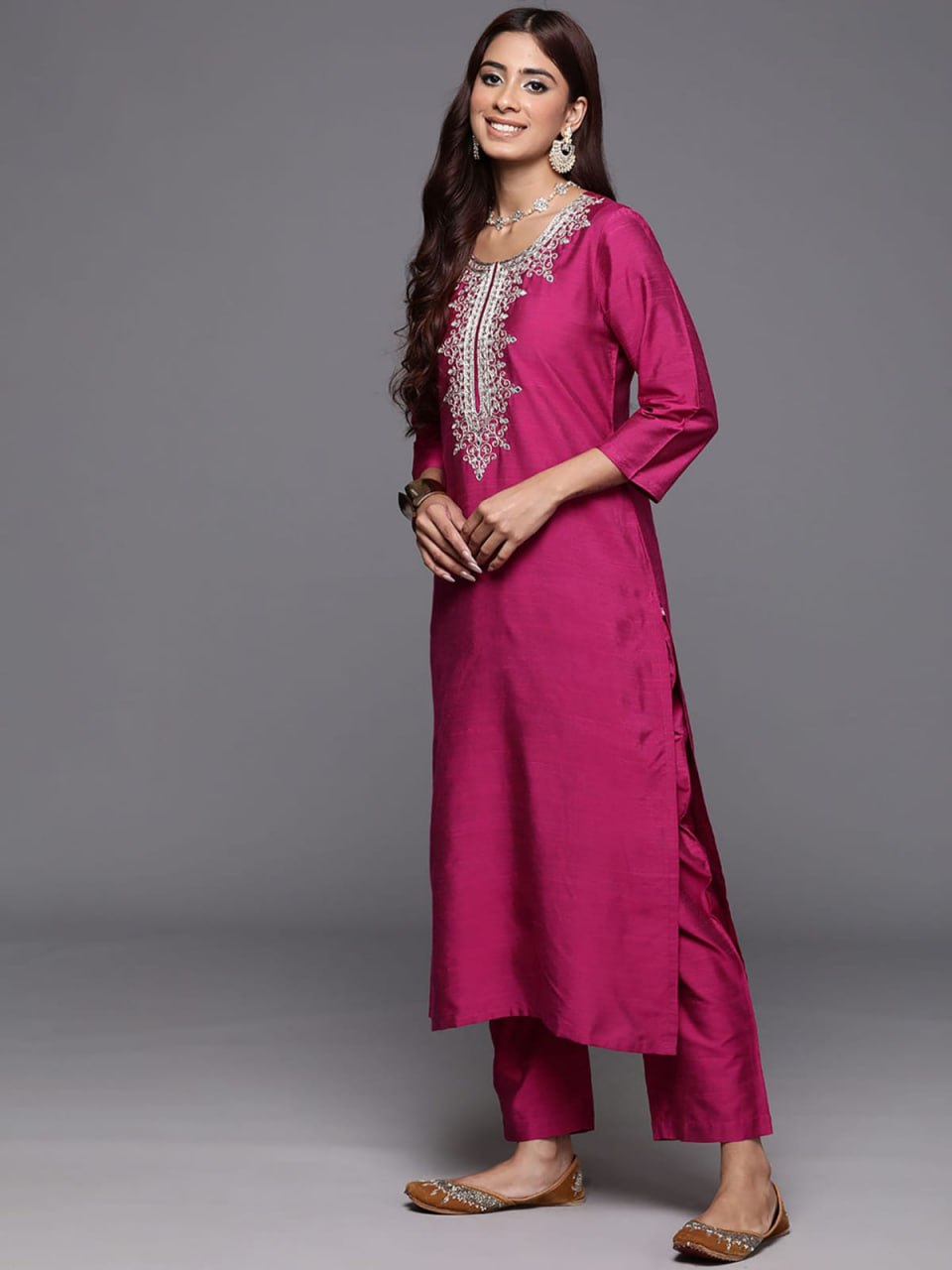 Rani Pink Embroidered Roman Suit Set with Chanderi Dupatta