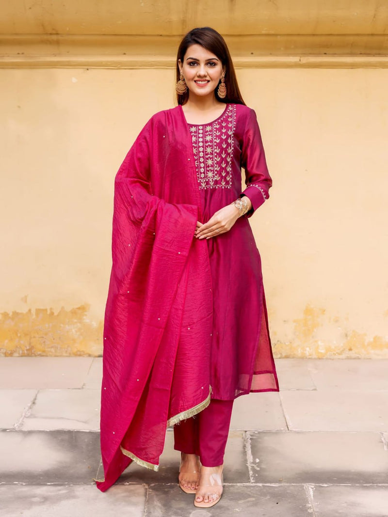 Luxury Rani Pink Embroidered Roman Suit Set with Chanderi Dupatta