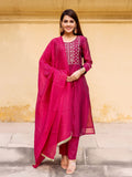 Luxury Rani Pink Embroidered Roman Suit Set with Chanderi Dupatta