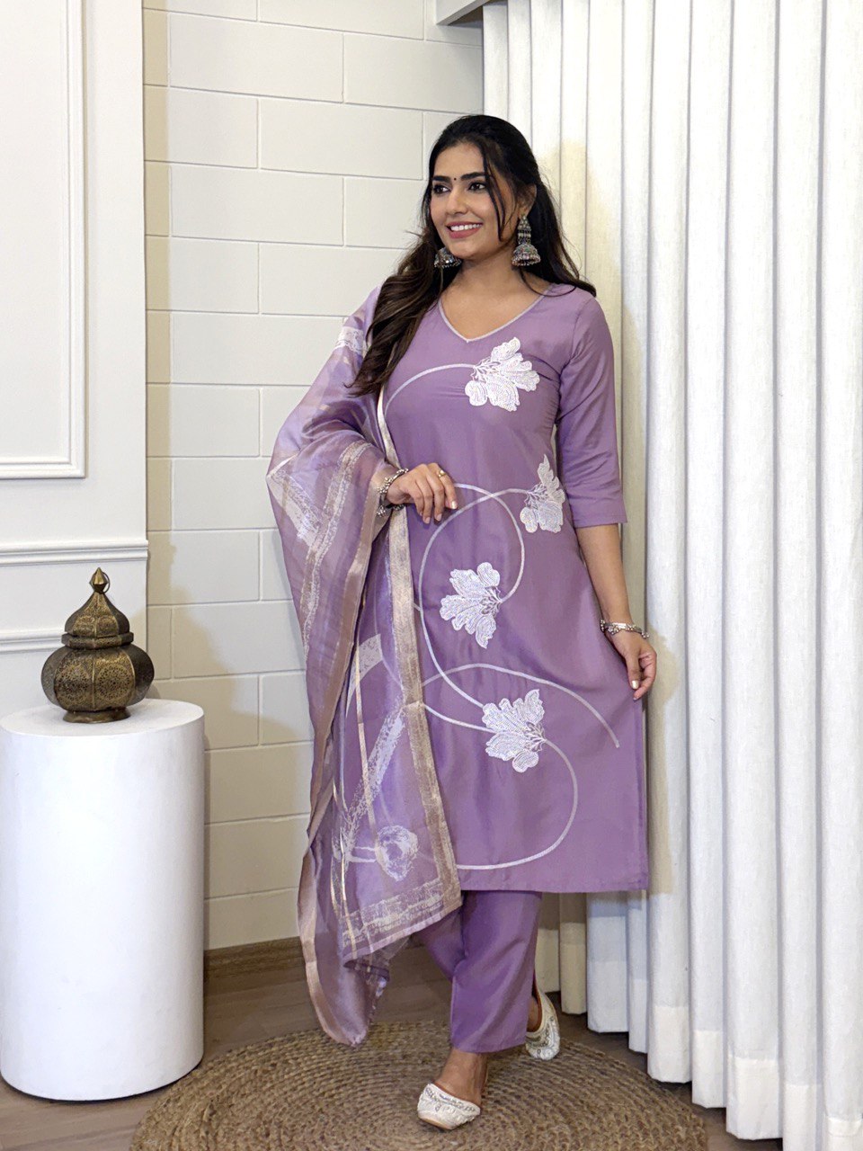 KalaKurti Lavender Ethnic Suit Set with Dupatta | Designer Floral Printed Kurta Set | Poly Viscose
