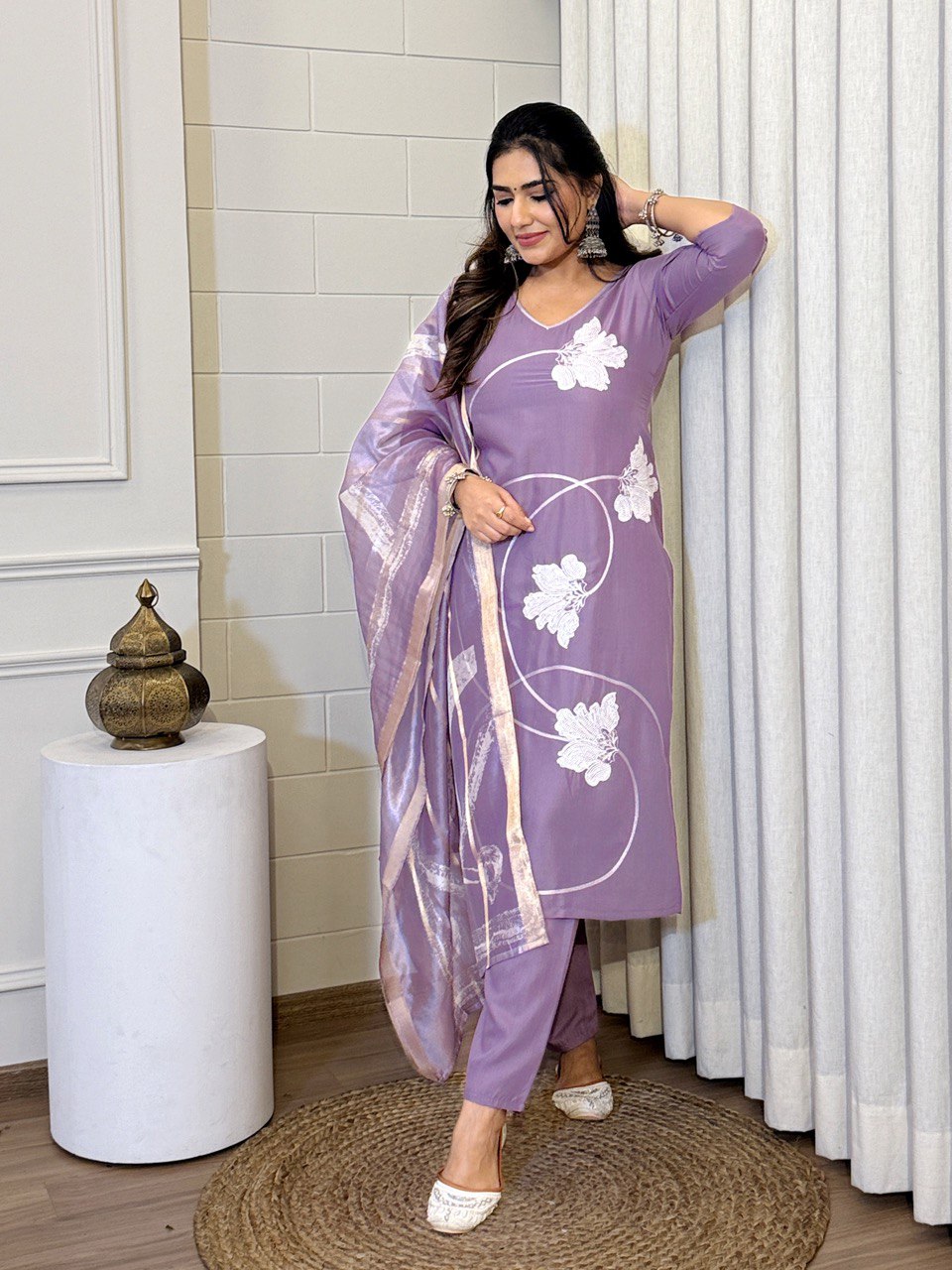 KalaKurti Lavender Ethnic Suit Set with Dupatta | Designer Floral Printed Kurta Set | Poly Viscose