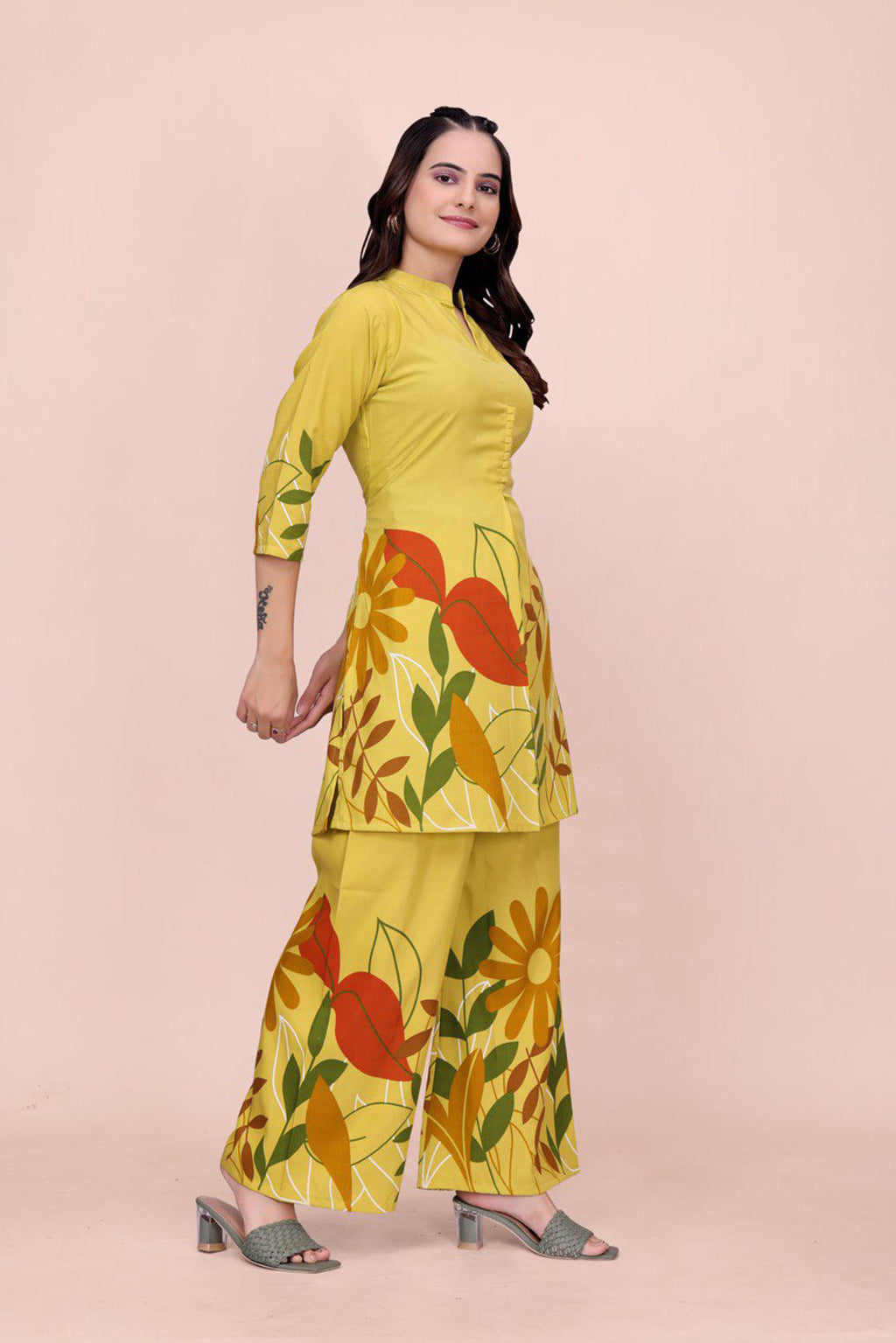 Noori Yellow Floral Printed Rayon Kurti Set | Stylish Straight Kurta with Pants