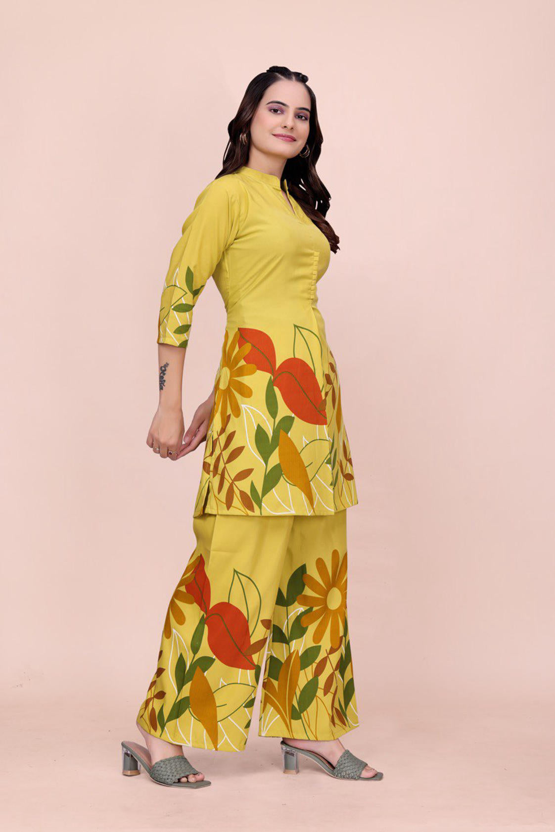 Noori Yellow Floral Printed Rayon Kurti Set | Stylish Straight Kurta with Pants