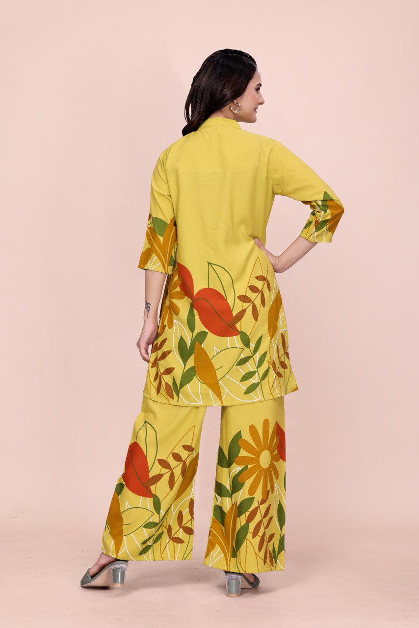 Noori Yellow Floral Printed Rayon Kurti Set | Stylish Straight Kurta with Pants