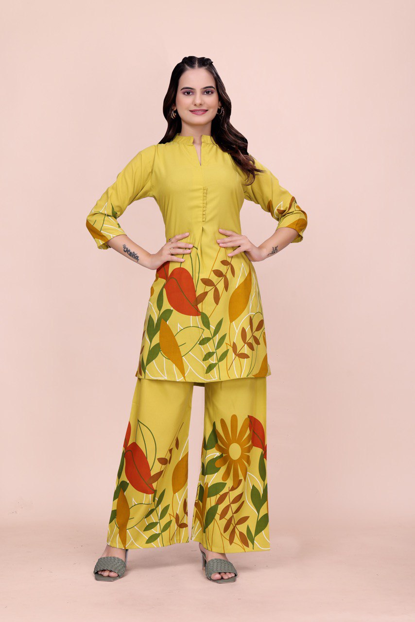 Noori Yellow Floral Printed Rayon Kurti Set | Stylish Straight Kurta with Pants