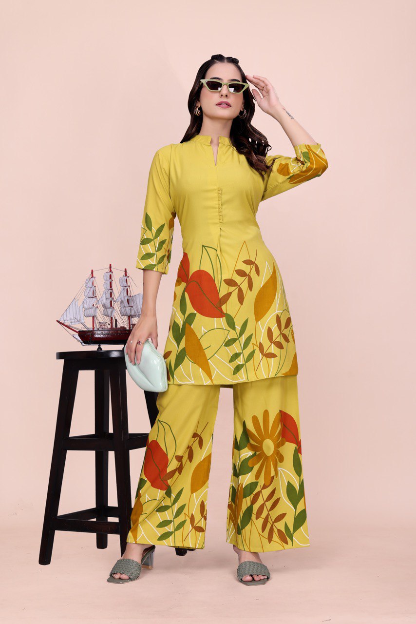 Noori Yellow Floral Printed Rayon Kurti Set | Stylish Straight Kurta with Pants
